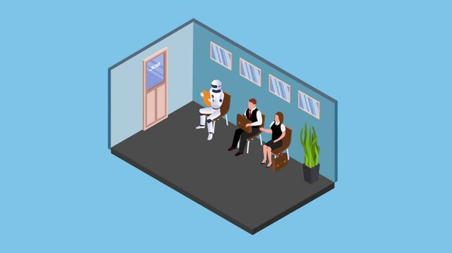 depicting a job interview waiting room where a humanoid robot sits alongside human candidate 3d animation cartoon