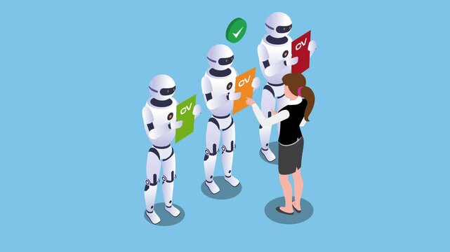 depicting a human resources professional reviewing CVs held by three identical humanoid robots 3d animation cartoon