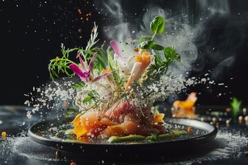 A smoked salmon dish with herbs and spices explodes in mid-air, creating a visually stunning food photography masterpiece, Transforming everyday ingredients into visually appealing dishes