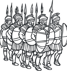Line of Roman soldiers in armor holding shields and spears marching in formation