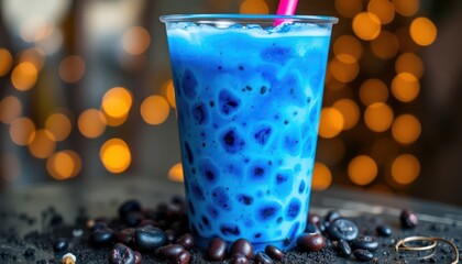 Vibrant blue iced drink, studded with black boba pearls