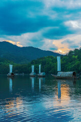 Mountains, Oujiang River, fishing boats, and ancient towns in Lishui City, Zhejiang Province, China On May 24th, 2024	