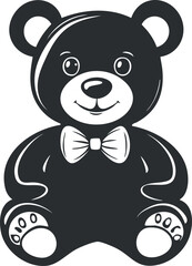 Black and white cartoon teddy bear sitting with a bowtie smiling, cute toy for children