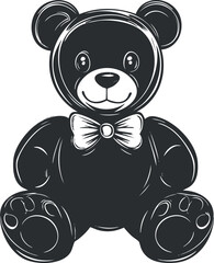 Black and white illustration of a cute teddy bear with a bowtie sitting and smiling