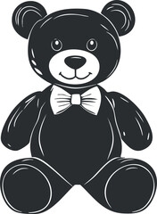 Black and white illustration of a cute teddy bear toy with a bowtie sitting and smiling