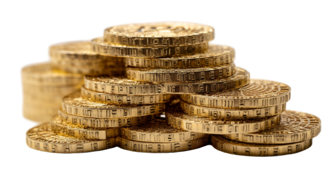 A close-up view of stacked golden coins representing wealth. transparent background - Powered by Adobe