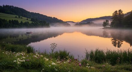 Fototapeta premium Tranquil Sunrise Over Misty Lake with Wildflowers and Boat