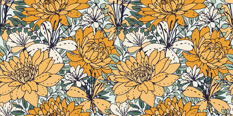 Yellow seamless floral pattern. Blooming meadow plants. Artistic abstract flowers and leaves repeated print. Vector drawn botanical illustration. Nature ornament