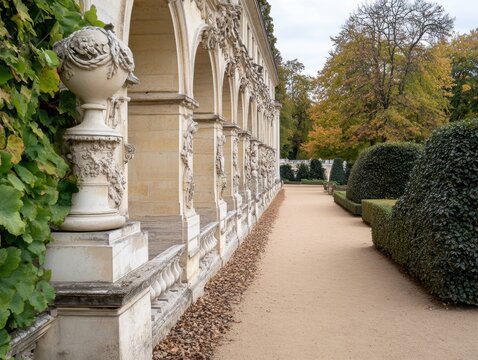 Serene garden path with classical architecture arches and urns in autumn light creating a tranquil and elegant atmosphere for landscape design inspiration