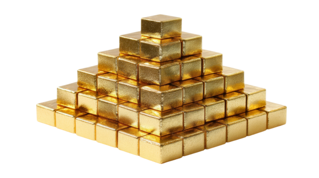 A pyramid of gold bars representing wealth and prosperity. transparent background
