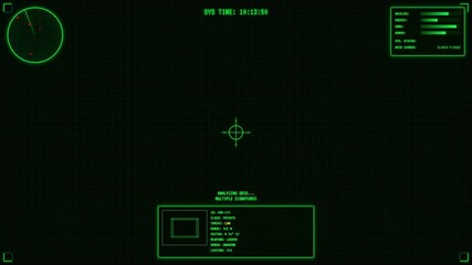 Retro 80s tactical HUD animation. Green CRT screen effect with radar sweep, targeting crosshair, system status, and data readouts. Sci-fi military interface. - Powered by Adobe