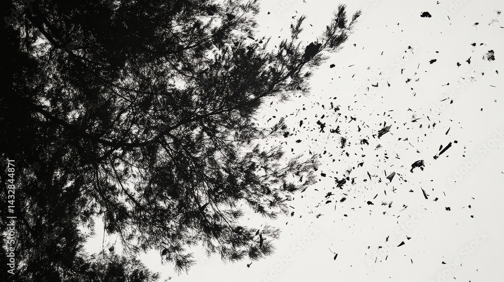 Poster tree branches and leaves in a dark monochrome abstract composition against a light background.
