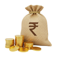 Rupee sack with gold coins around it on transparent background