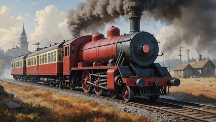 Obraz premium Vintage Steam Locomotive Countryside Illustration, Red Steam Engine Historical Railway Painting