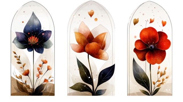 Three elegant floral designs are displayed in arched frames, each featuring unique flower with vibrant colors and intricate details. background is soft, enhancing beauty of flowers