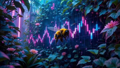 A Yellow Insect Flies Through A Neon Pink And Purple Floral Landscape With A