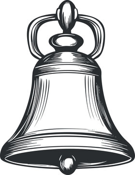 Black and white vintage illustration of a classic metal bell with detailed engraving
