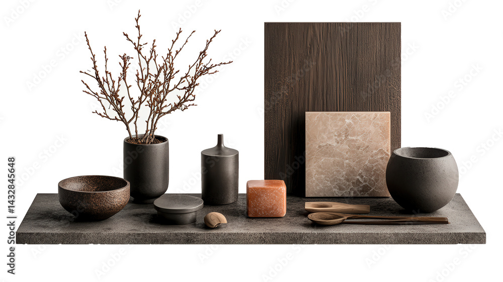 Poster modern mood board set against transparency background features earthy tones and textures. it include