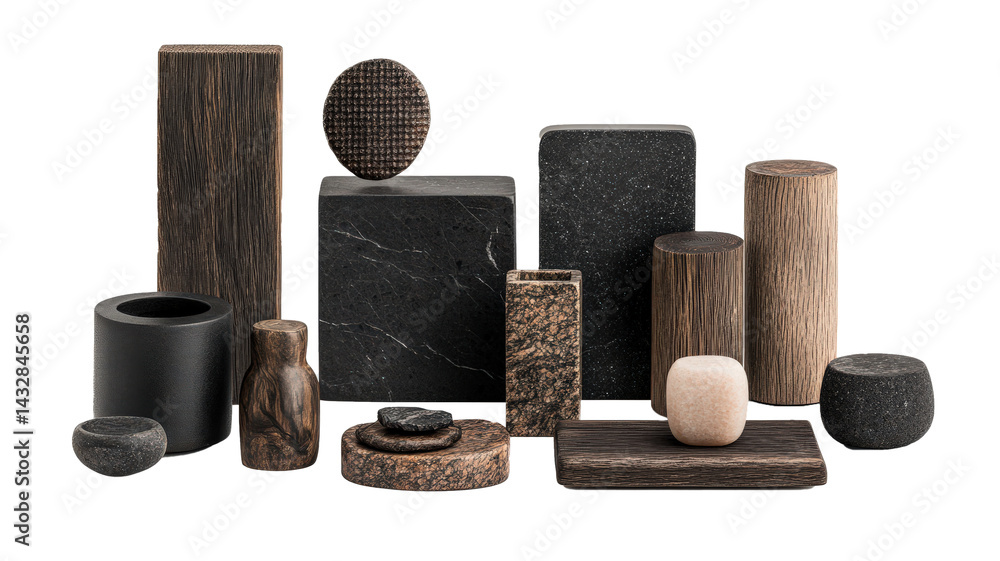 Poster collection of various textured and shaped wooden and stone blocks is arranged clean transparency background, showcasing minimal mood board. natural tones and textures create harmonious and earthy