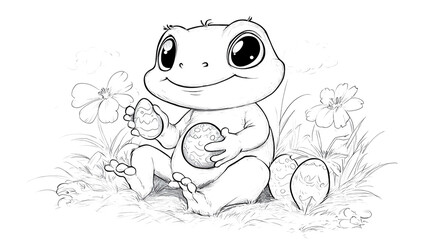 Obraz premium cute cartoon frog sits happily in grassy field, holding decorated eggs. scene is surrounded by flowers and clouds, creating playful and whimsical atmosphere