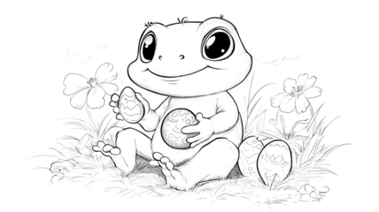 cute cartoon frog sits happily in grassy field, holding decorated eggs. scene is surrounded by flowers and clouds, creating playful and whimsical atmosphere