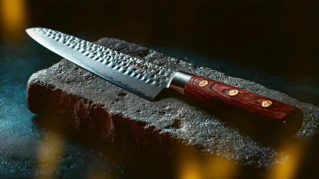 Close-up of a hammered metal kitchen knife with a wooden handle resting on a dark gray stone block in a modern kitchen