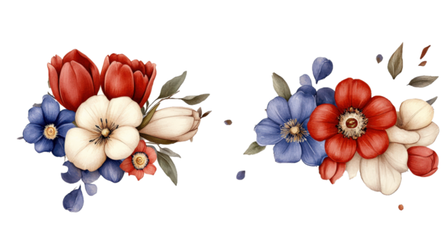 collection of vibrant floral arrangements featuring red, blue, and white flowers with green leaves, creating harmonious and elegant design