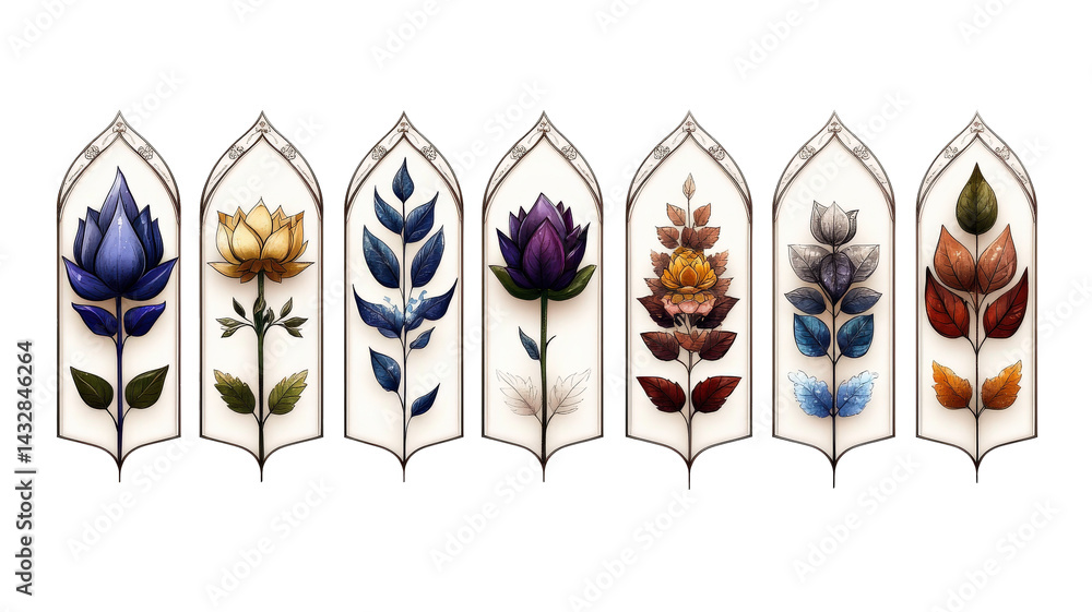 Poster series of seven elegant floral designs, each featuring unique flower in stylized, symmetrical patter