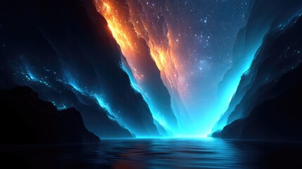 Obraz premium A breathtaking, otherworldly canyon bathed in vibrant celestial light.