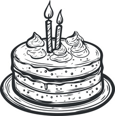 Hand-drawn illustration of a layered birthday cake with two lit candles on a plate for celebration.