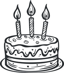 Black and white illustration of a birthday cake with three lit candles on a plate, symbolizing celebration and festivity.