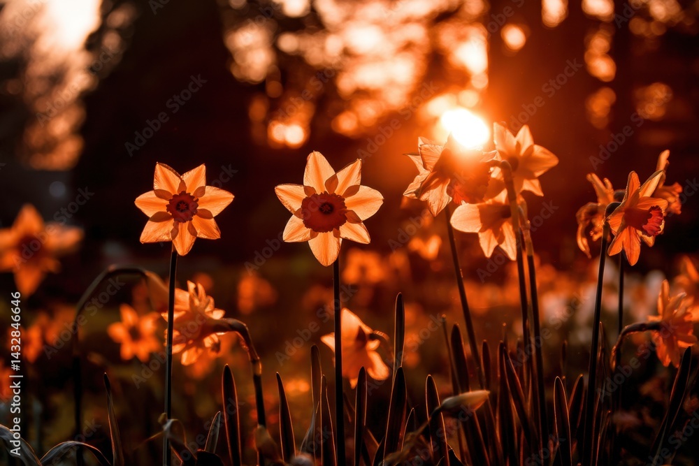 Poster golden hour daffodils basking in sunlight creating a warm and inviting spring landscape with a soft 