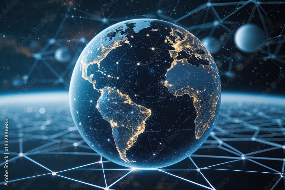 Poster planetary digital network vision: abstract sphere in cyberspace grid