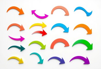 Collection of colorful curved arrow icons pointing right, isolated on white background, wayfinding, colorful arrows