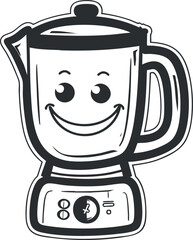 Black and white cartoon illustration of a smiling blender kitchen appliance with handle and lid