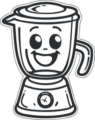Cartoon style black and white drawing of a happy smiling kitchen blender appliance with handle and lid.