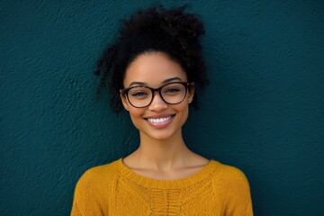 Smiling young woman with glasses and a mustard sweater on a blue wall. It's perfect to illustrate articles on vision, education, or positivity.