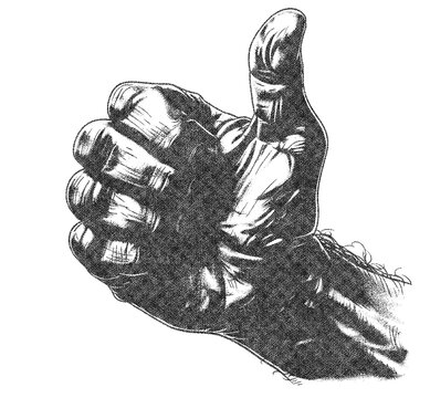 Mens Thumbs Up Hand Illustration with Risograph Overprint and Retro Texture on White Background