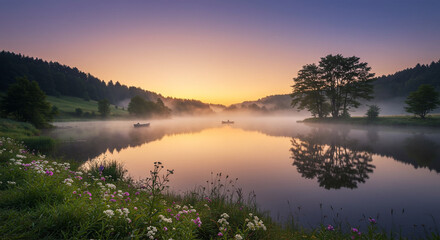 Obraz premium Tranquil Sunrise Over Misty Lake with Wildflowers and Boat