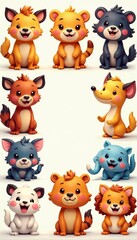 Fototapeta premium Collection of various happy and playful cartoon animal characters in a row, different, animals