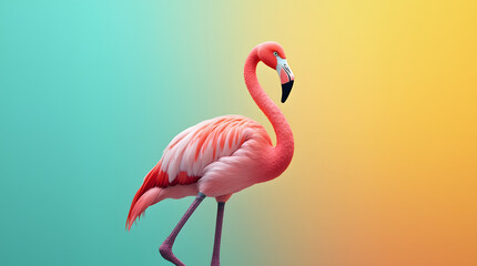 Fototapeta premium Bright pink flamingo posing on one leg with vibrant turquoise to golden yellow gradient background