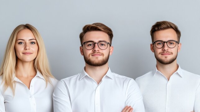 Three young professional business colleagues in white shirts standing together against a grey background.