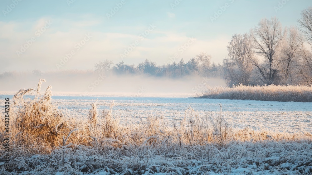 Poster winter landscape with snow covered field trees and fog in soft light.