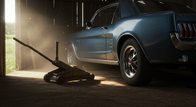 Fototapeta Classic car in a dark garage maintenance vintage vehicle
