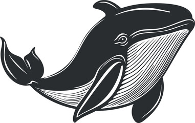 Black and white illustration of a whale swimming in the ocean, showing detailed fins and tail