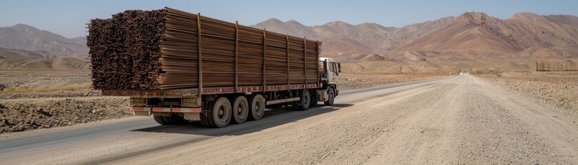 A lumber truck transporting logs on a desert highway under a clear sky.