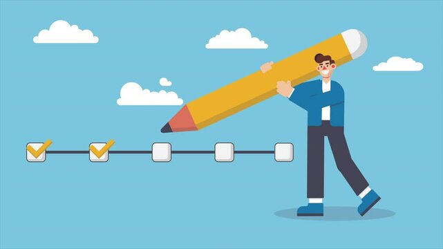 Animated businessman project manager holding big pencil to check completed tasks in project management timeline
