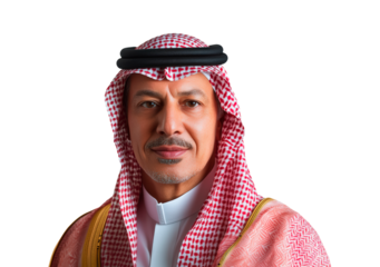 Smiling Saudi man portrait in traditional middle eastern attire isolated on transparent background
