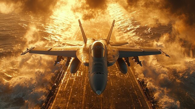 Fiery Sunset Launch: F/A-18 Super Hornet Taking Flight from Aircraft Carrier