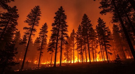 Forest fire destroys trees in forest landscape